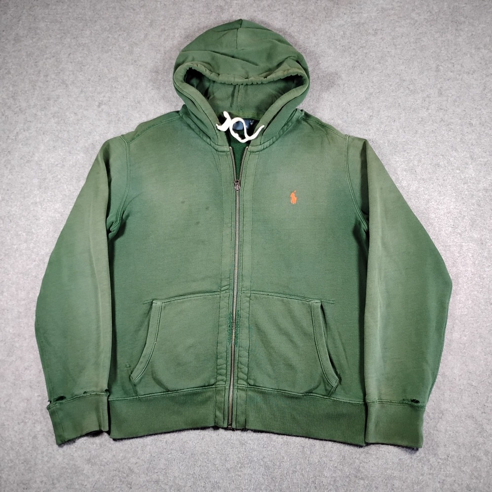 Vintage Polo Ralph Lauren Zip Hoodie Mens Large Green Vintage Y2K Distressed